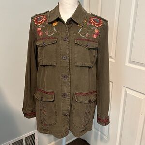 Johnny Was Workshop Oman Rainbow Embroidered Military Jacket in Olive green